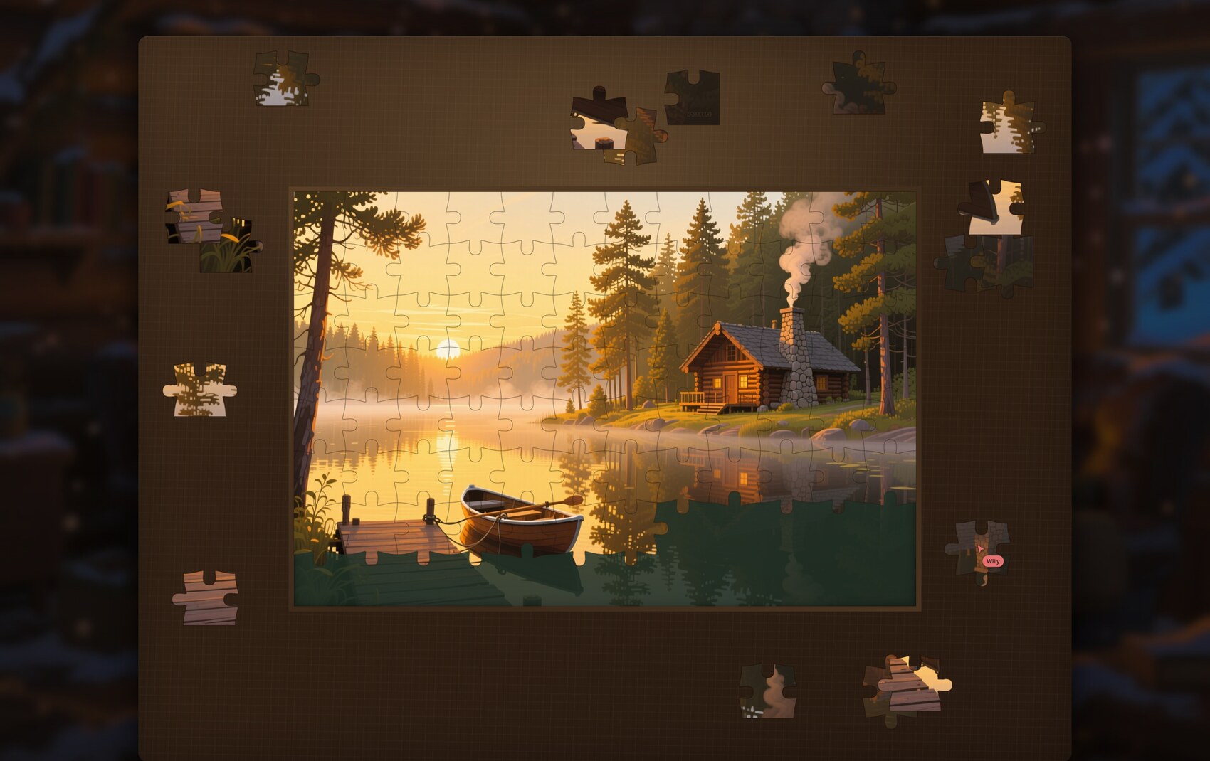 A cozy lakeside jigsaw coming together on the table, with a friend's cursor on a loose piece